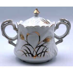 VTG Lefton China Hand Painted Sugar Bowl with Lid NE20595 Gold Wheat Print Japan